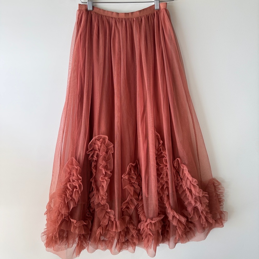 Anthropologie Felicity Tulle Midi Skirt Womens Size S Dusty Rose Ruffle Mesh - Picture 4 of 12